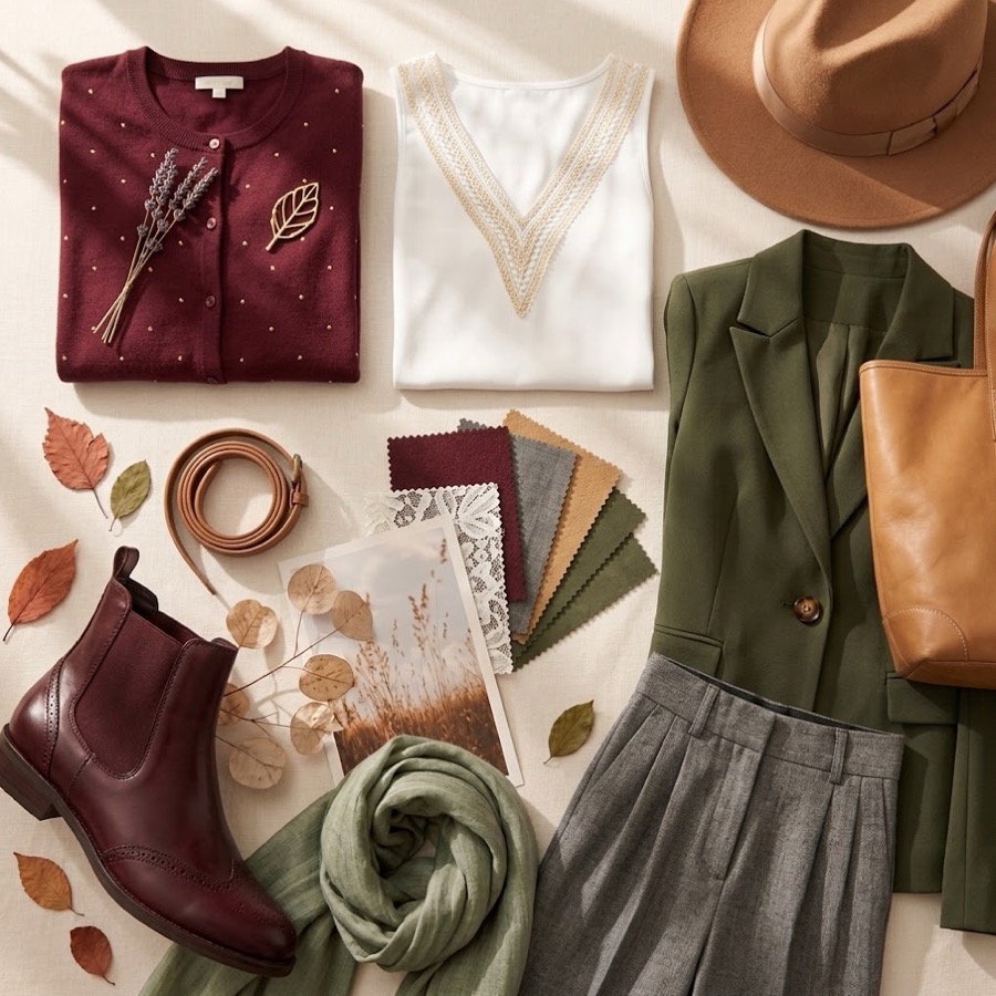 A go-to outfit laid out: burgundy cardigan, white top, olive blazer, grey trousers, camel hat, cognac tote, burgundy boots, and fabric swatches